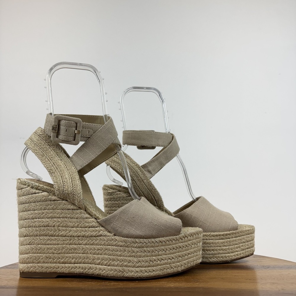 New Womens Sam Edelman Vada Beige Strappy Woven Espadrille Wedge Sandals Size 9